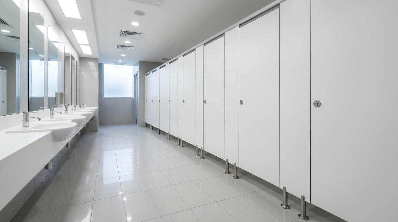 Toilettenraum mit Toilettenzellen aus Kompaktplatten-Trennwänden, die mit Bodenabstand auf Edelstahlfüßen stehen