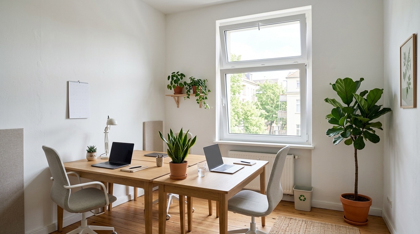 Zweipersonenbüro mit gekipptem Fenster zur kontinuierlichen Fensterlüftung