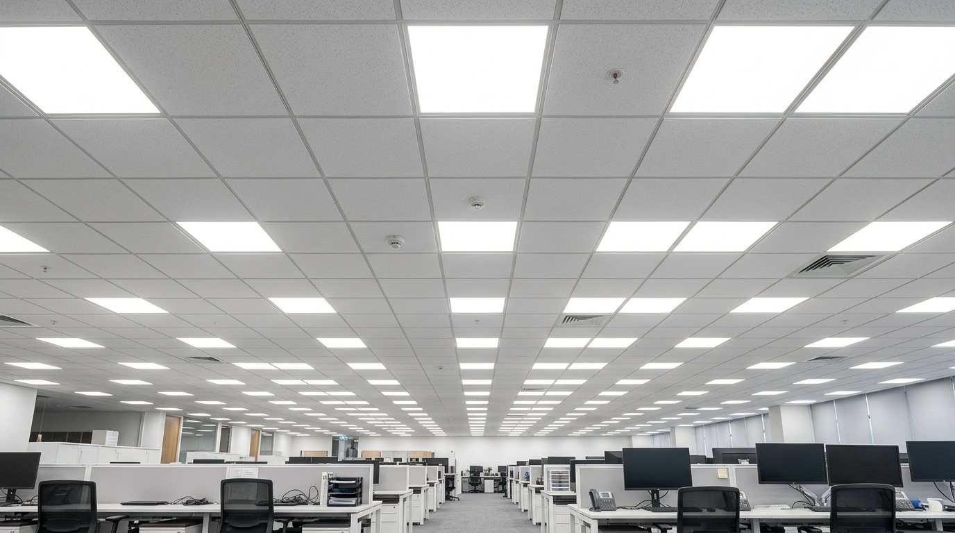 Deckenleuchten über einer Bürofläche mit gleichmäßiger Lichtverteilung