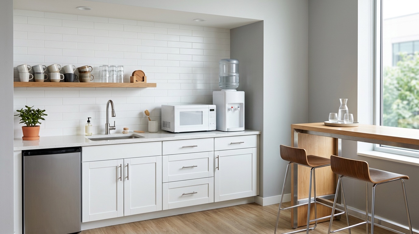 Teeküche im Pausenraum mit Kühlschrank, Mikrowelle und Wasserspender