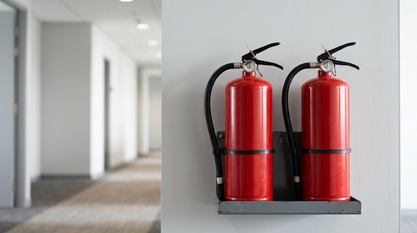 Zwei tragbare Feuerlöscher in einer Wandhalterung in einem Bürokorridor