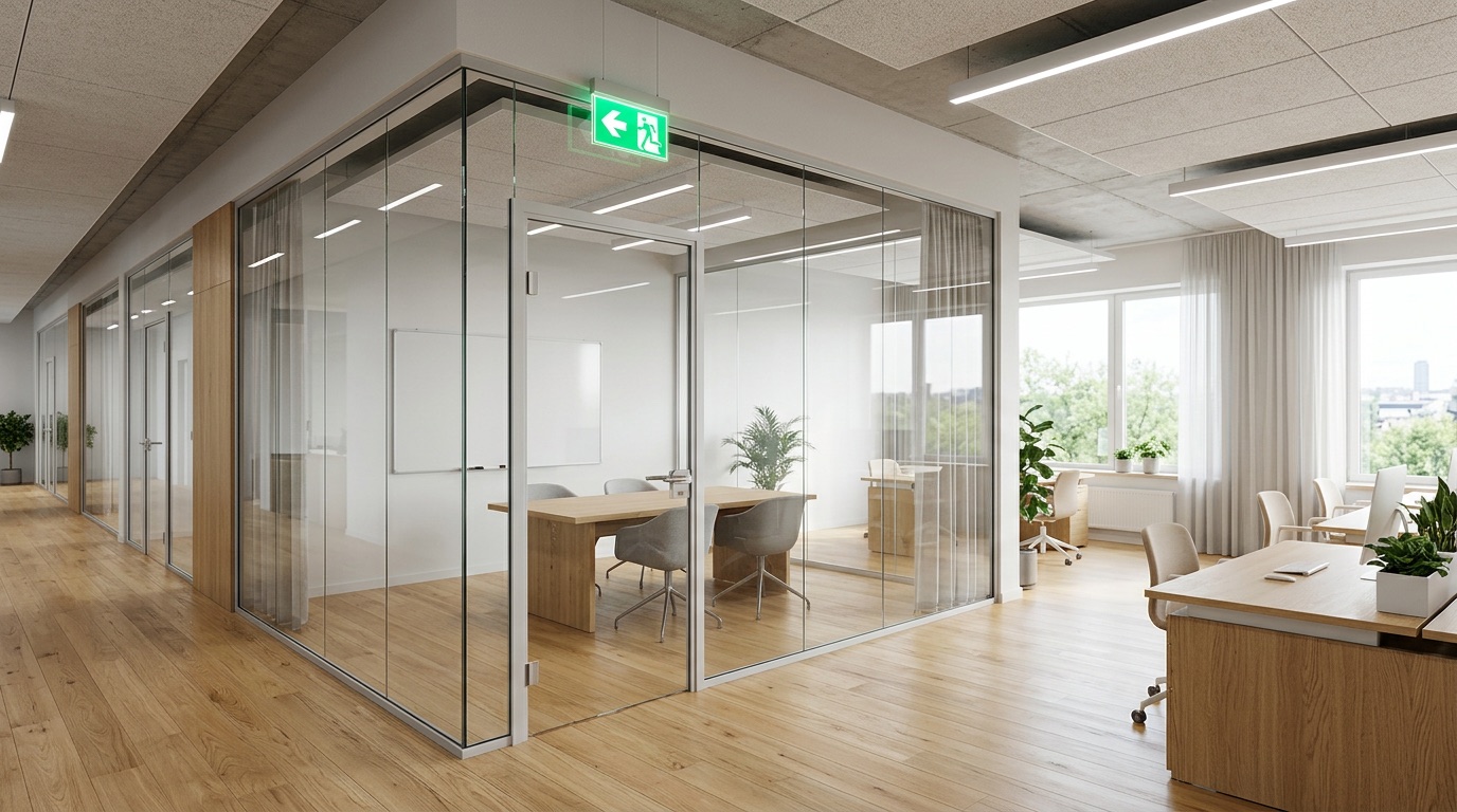 Umgebaute Bürofläche mit Besprechungsräumen aus Glas und beleuchtetem Rettungszeichen über der Tür