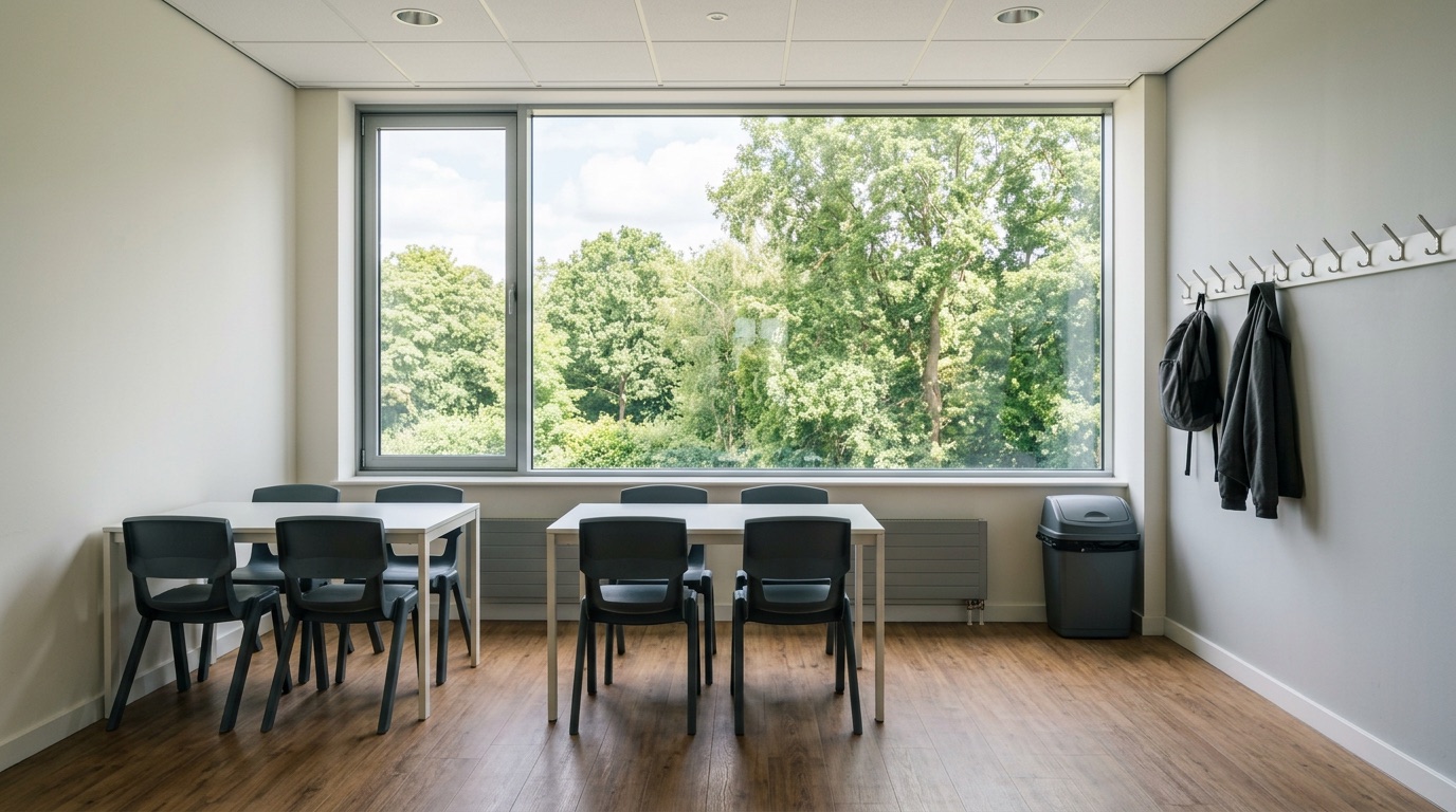 Pausenraum mit leicht zu reinigenden Tischen, Stühlen mit Rückenlehne und Fenster mit Sichtverbindung nach außen
