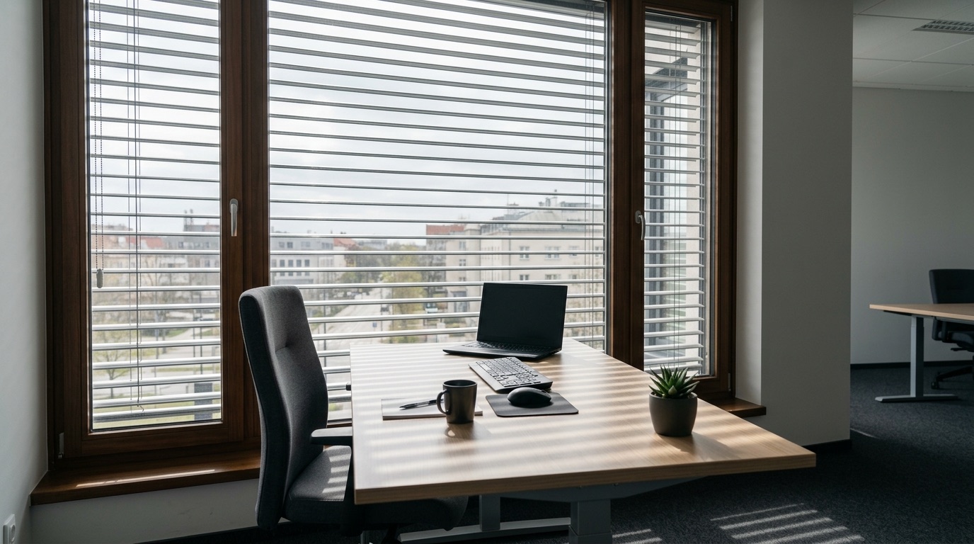 Arbeitsplatz am Fenster mit Lamellenstore zur Begrenzung der Blendung