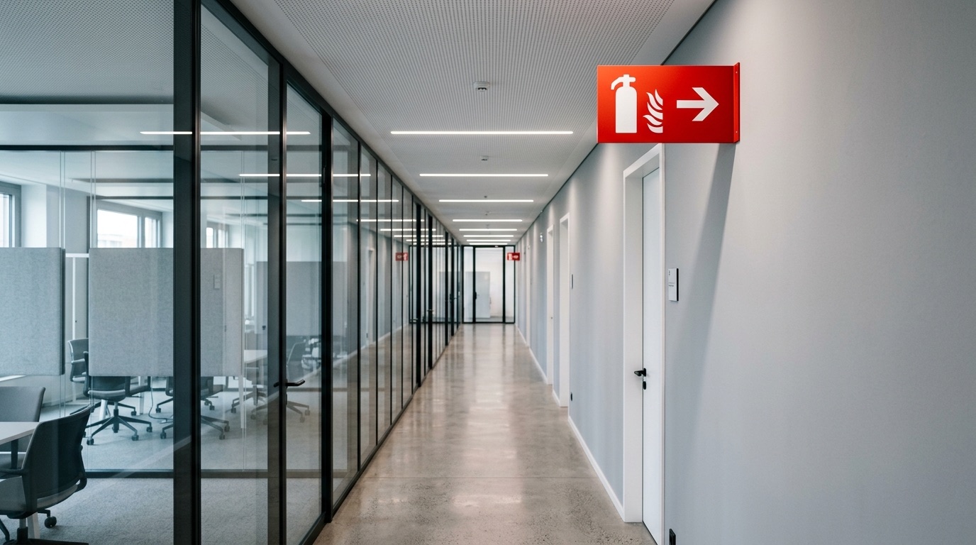Flur in einem Bürogebäude mit Glastrennwänden und einem Brandschutzzeichen mit Richtungspfeil an der Decke