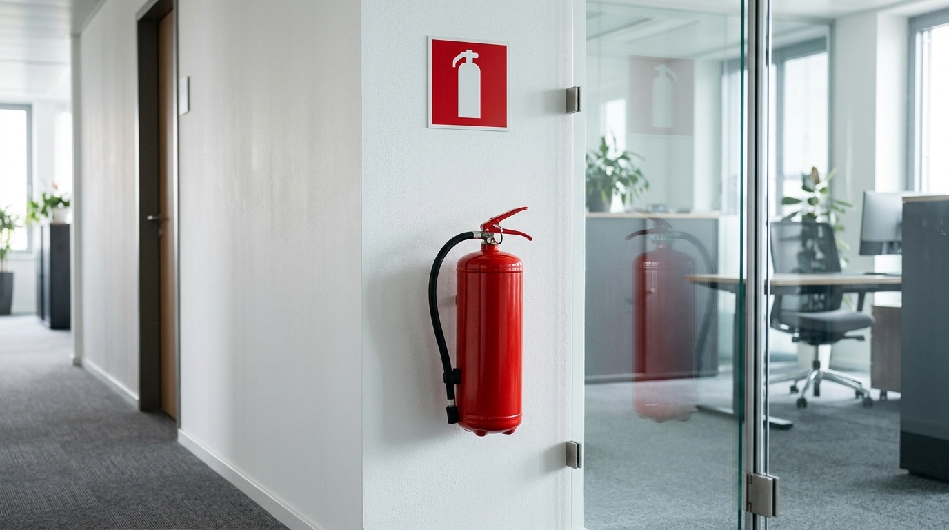 Roter Feuerlöscher mit rotem quadratischem Brandschutzzeichen an einer Bürowand neben einer Glastrennwand