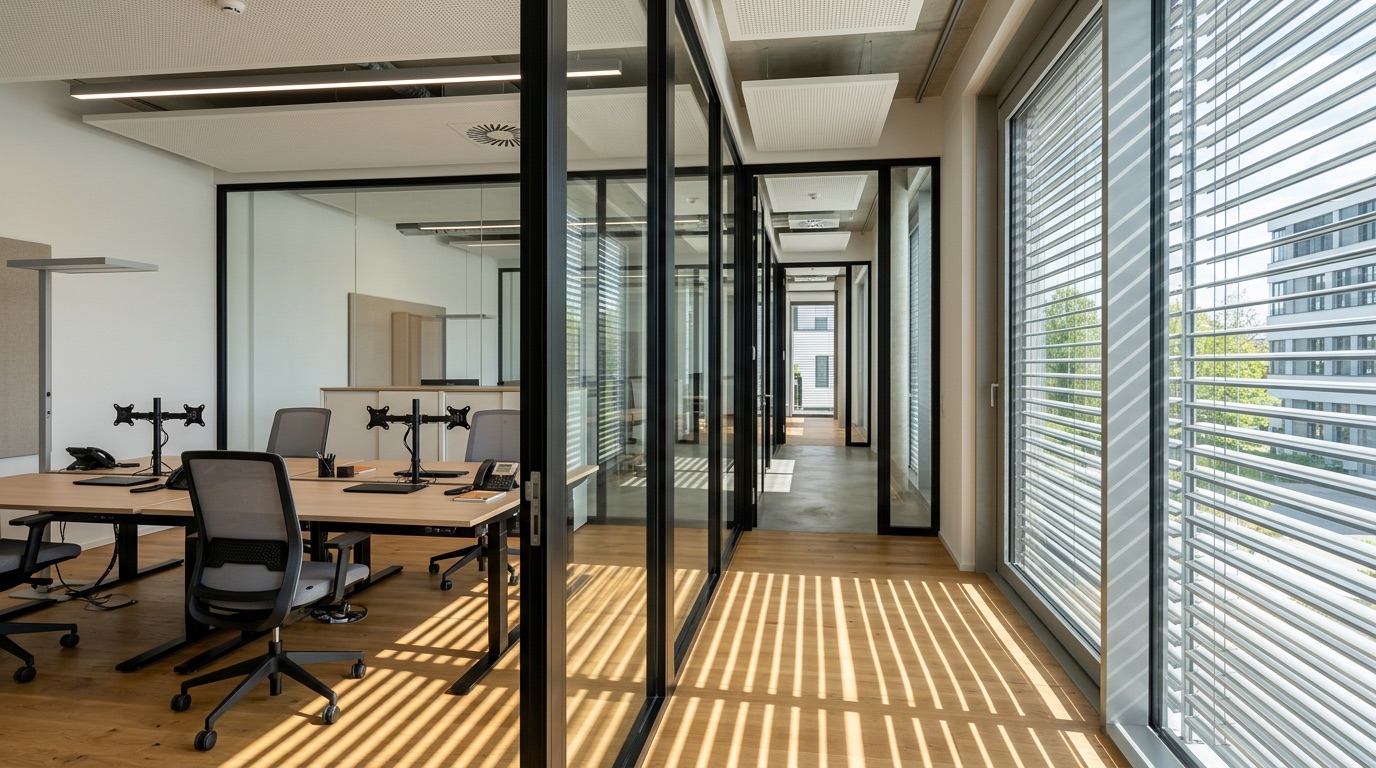Büro mit Glastrennwänden an einer sonnigen Fassade, Lamellen-Jalousien vor den Fenstern teilweise geschlossen