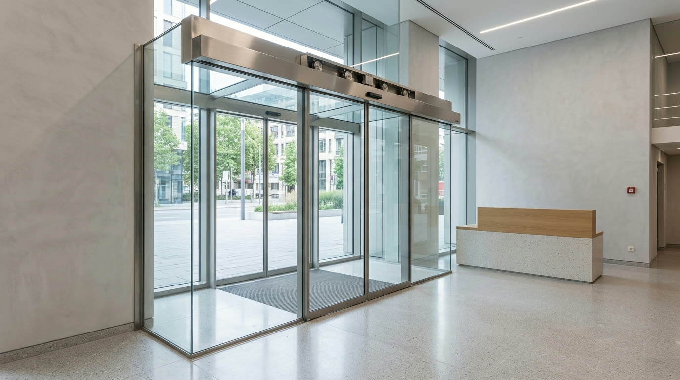 Automatische Glasschiebetür im Eingangsbereich eines Bürogebäudes