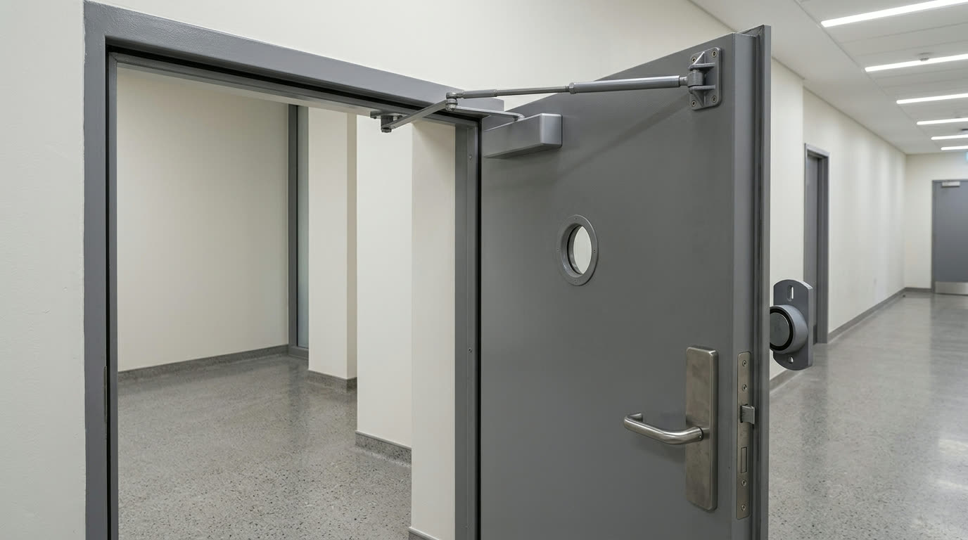 Graue Stahltür im Büroflur mit Obentürschließer und wandseitigem Türhaltemagnet