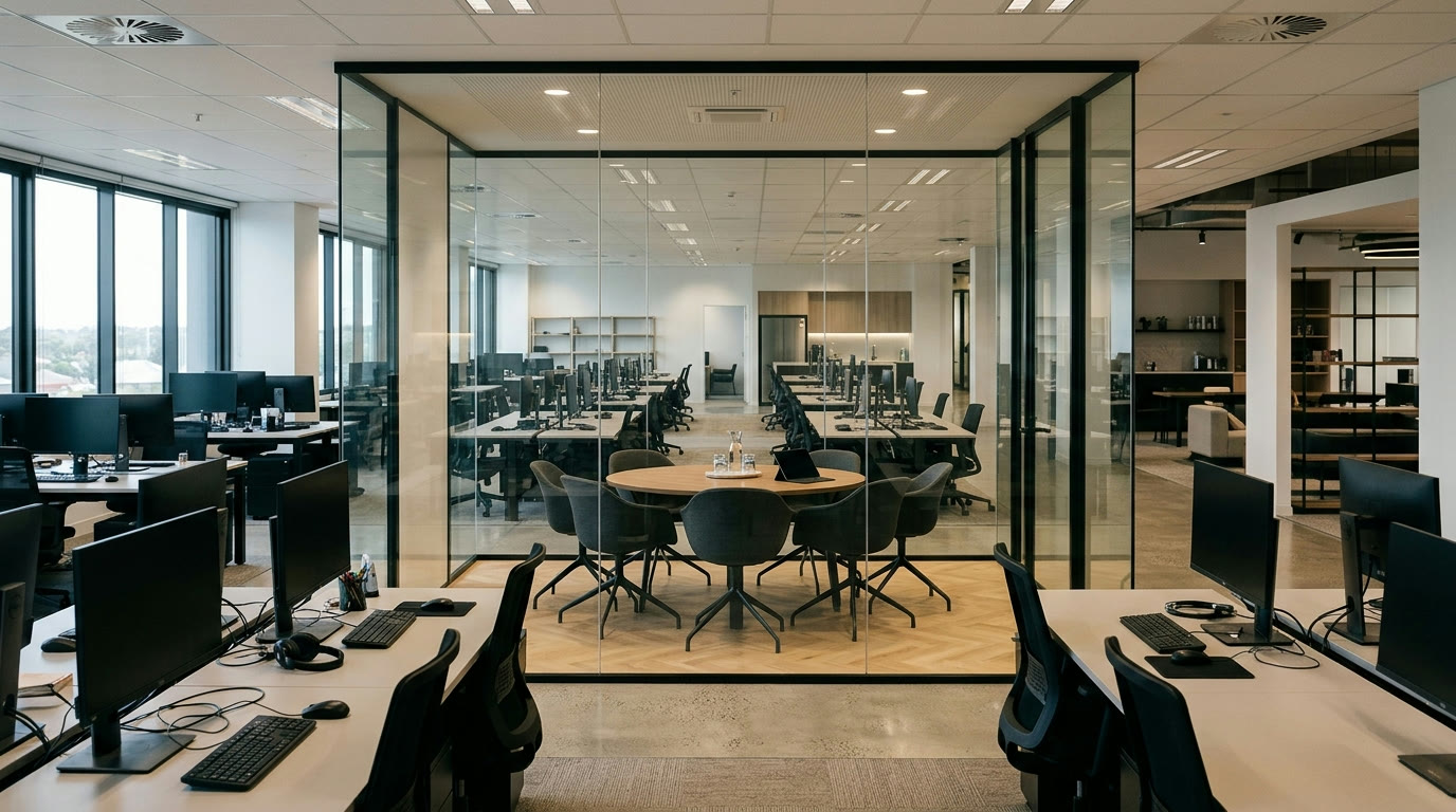 Abgetrenntes Besprechungszimmer hinter einer Glaswand mit Sichtverbindung zur Bürofläche