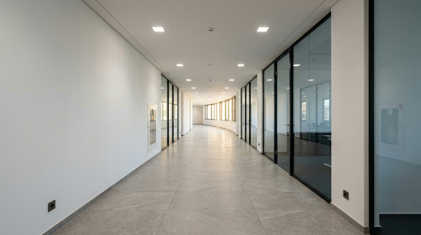Büroflur mit durchgehender Unterdecke, glatten Wandflächen und Glastrennwänden