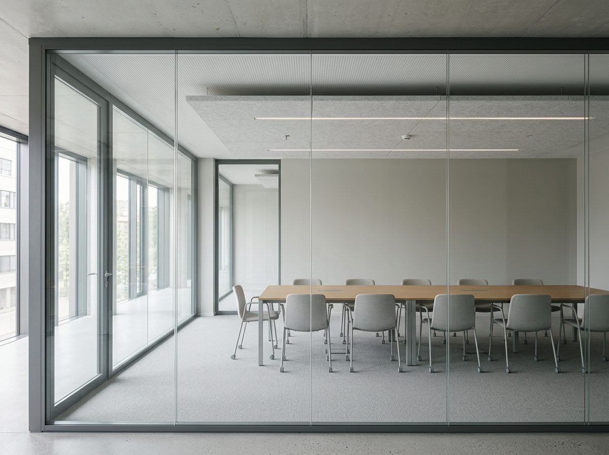 Besprechungsraum mit Glaswand, Akustikdecke und umlaufender Möblierung