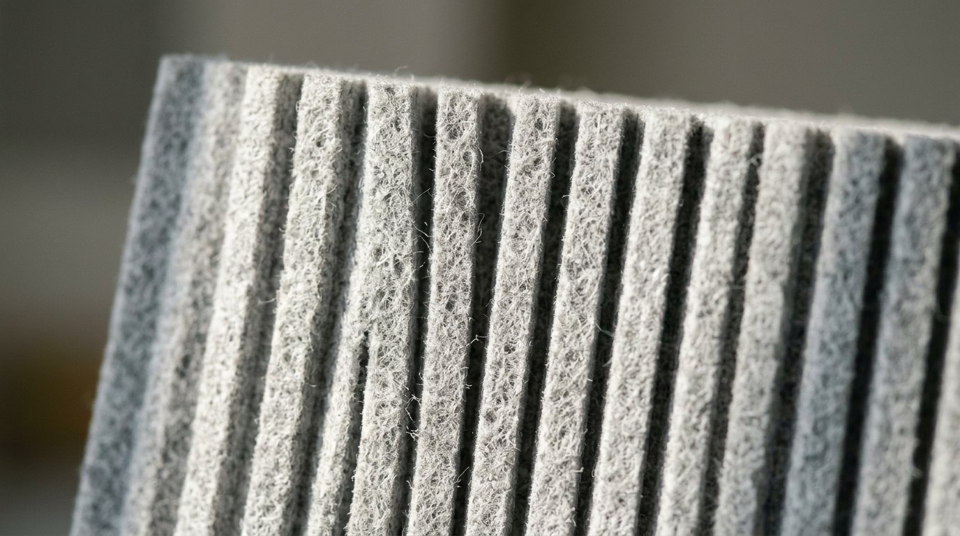 Detailaufnahme der Oberfläche eines Akustikabsorbers aus gepresstem Filz mit vertikaler Lamellenstruktur