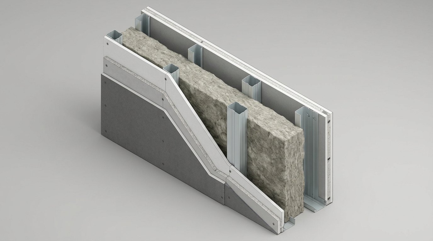 Doppelschalige Trennwand in Trockenbauweise im Schnitt – Bauteilkatalog DIN 4109-33