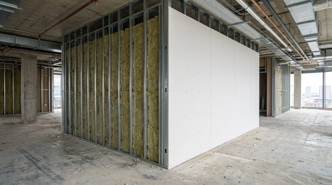Systemtrennwand als F30 Wand mit Ständerwerk, Dämmung und beidseitiger Beplankung
