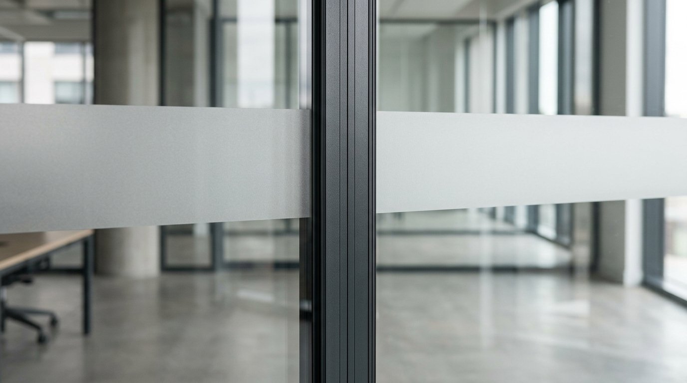 Detail eines Aluminium-Rahmenprofils einer Bürotrennwand aus Glas mit satiniertem Sichtschutzband