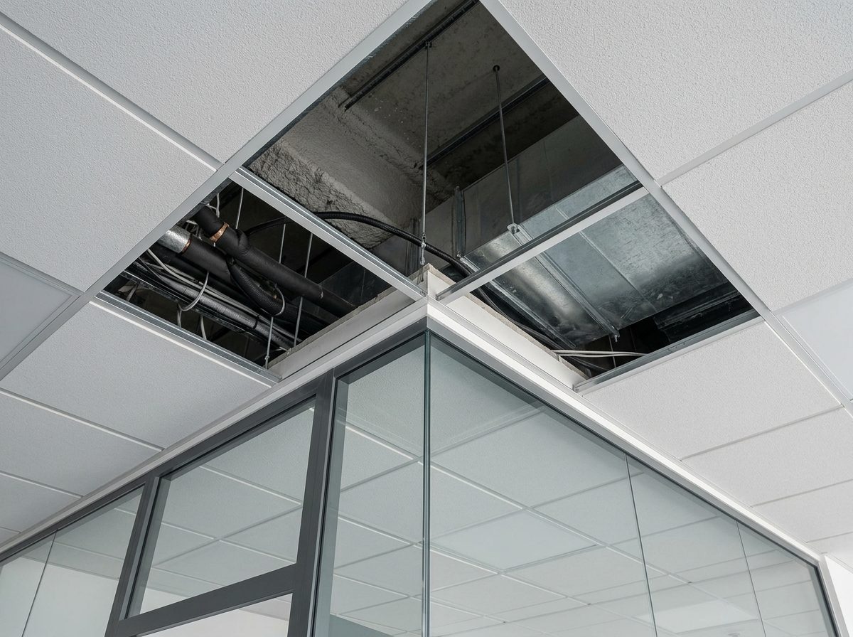 Anschluss einer Glastrennwand an eine abgehängte Decke mit sichtbarem Hohlraum darüber
