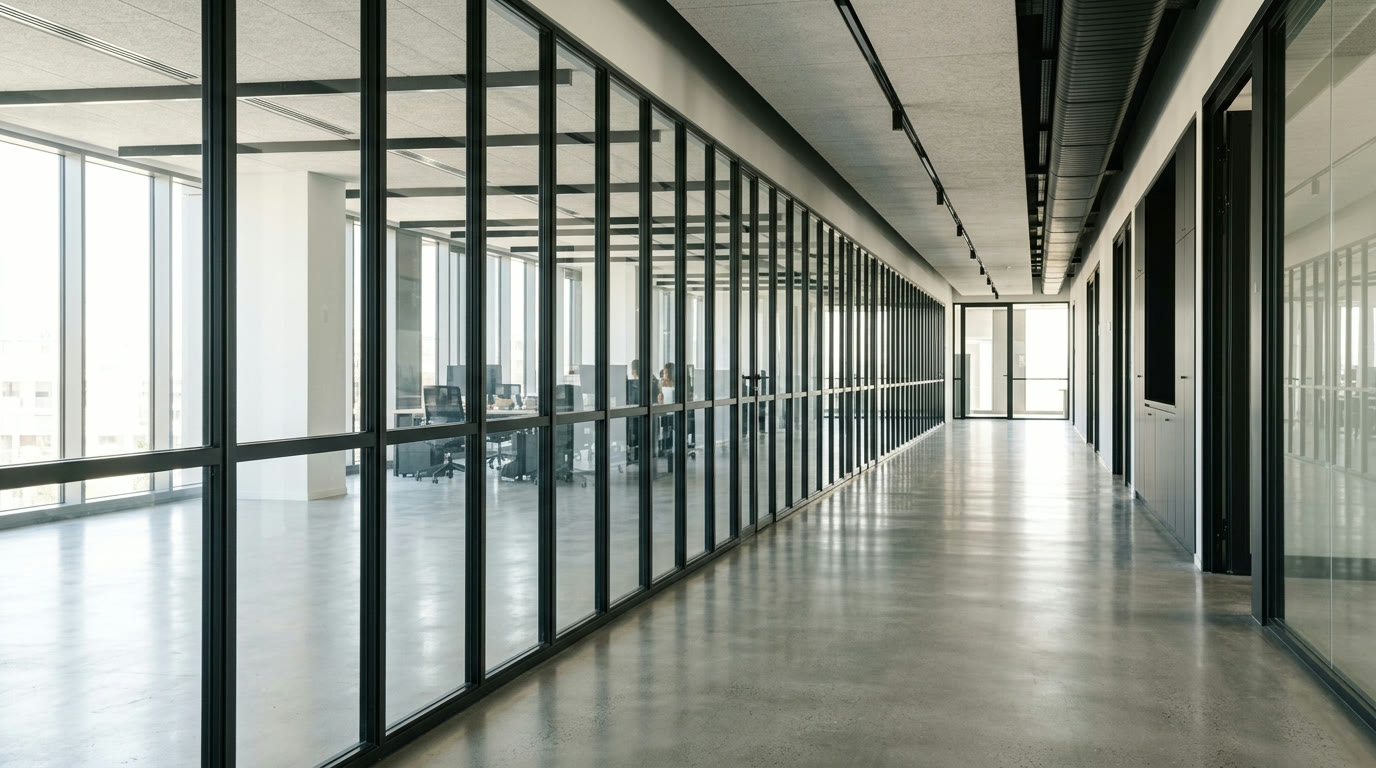 Bürogang entlang einer Glastrennwand mit gleichmäßigem Raster schmaler dunkler Vertikalprofile