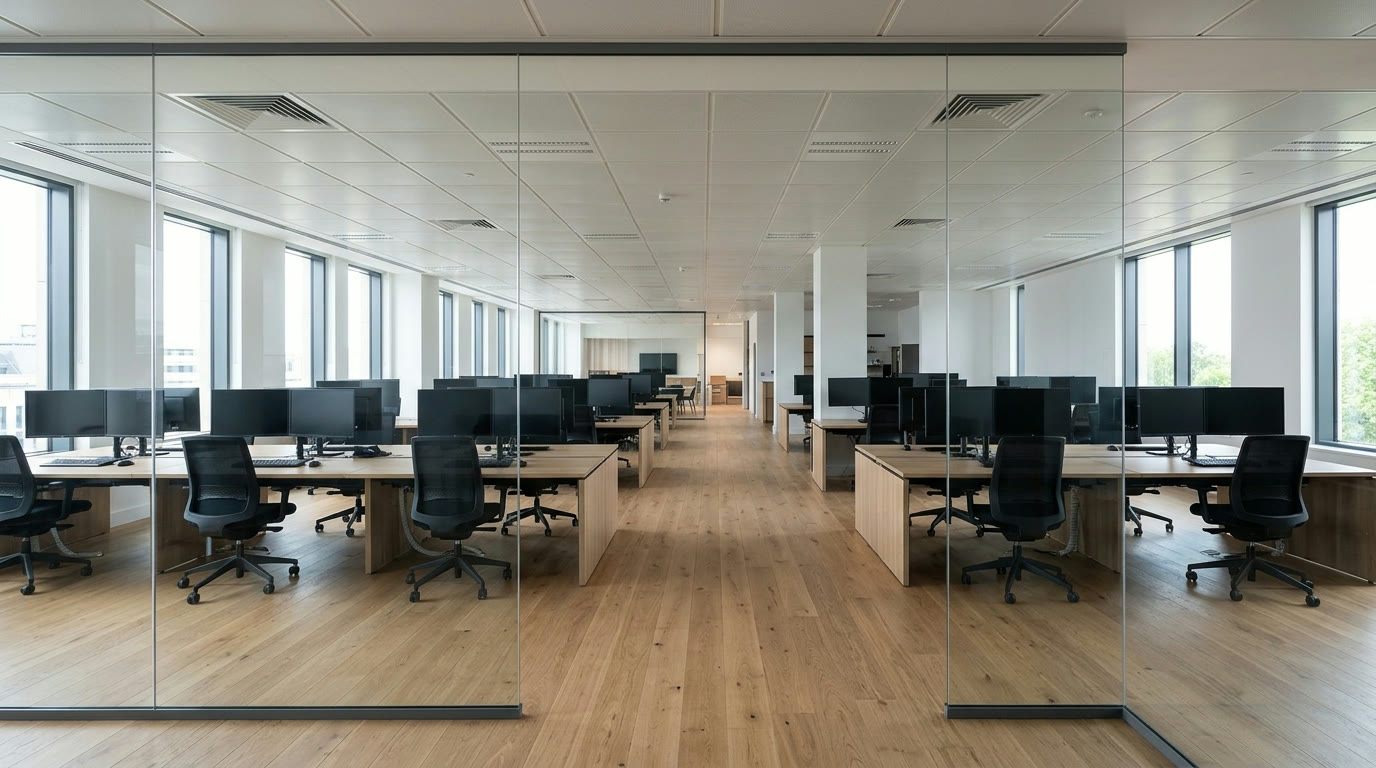 Rahmenlose Ganzglaswand ohne vertikale Profile trennt ein Büro vom Open-Space-Bereich