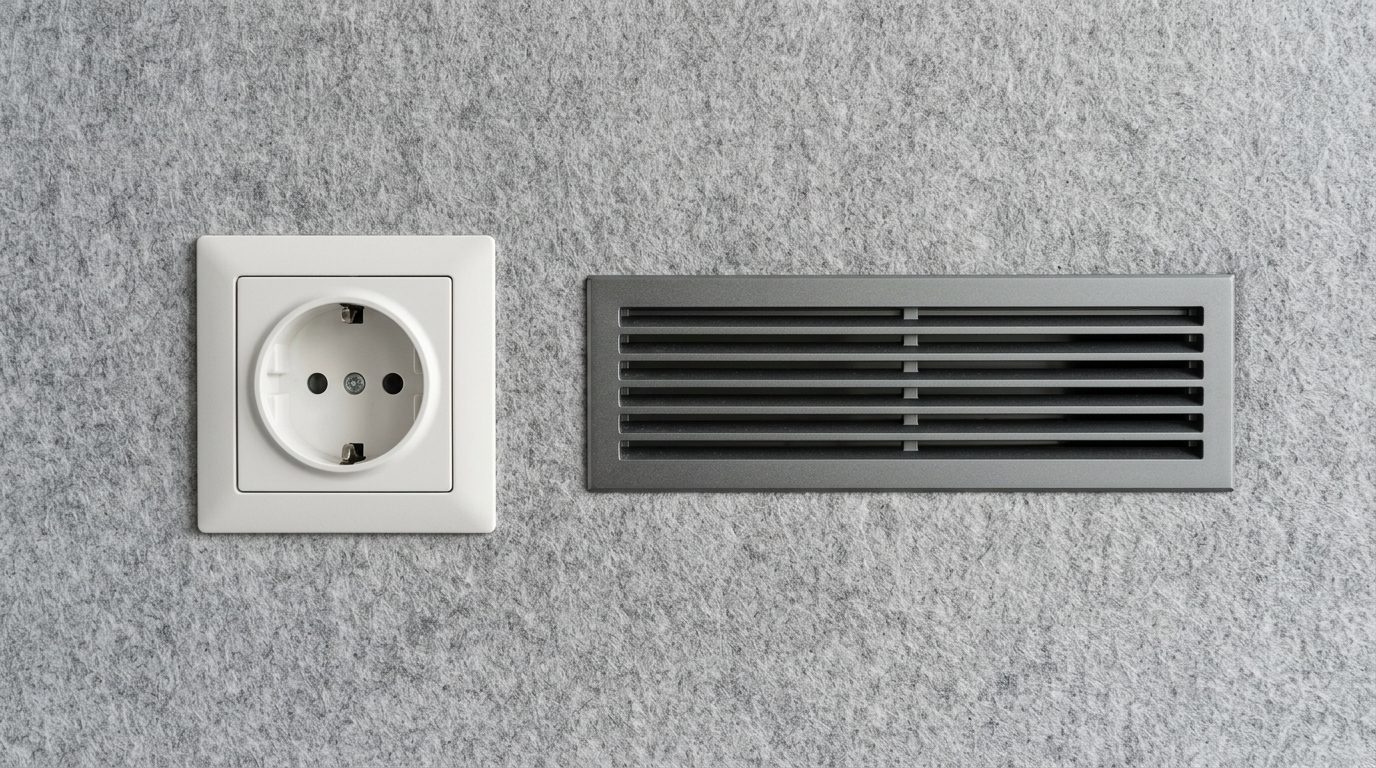 Lüftungsgitter und Steckdose in der Wandverkleidung einer Telefonbox