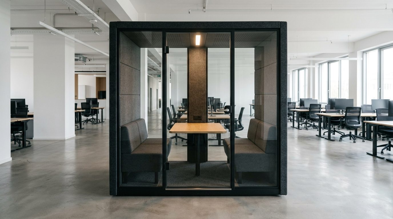 Leere Meetingbox mit Tisch und zwei Sitzbänken für vier Personen