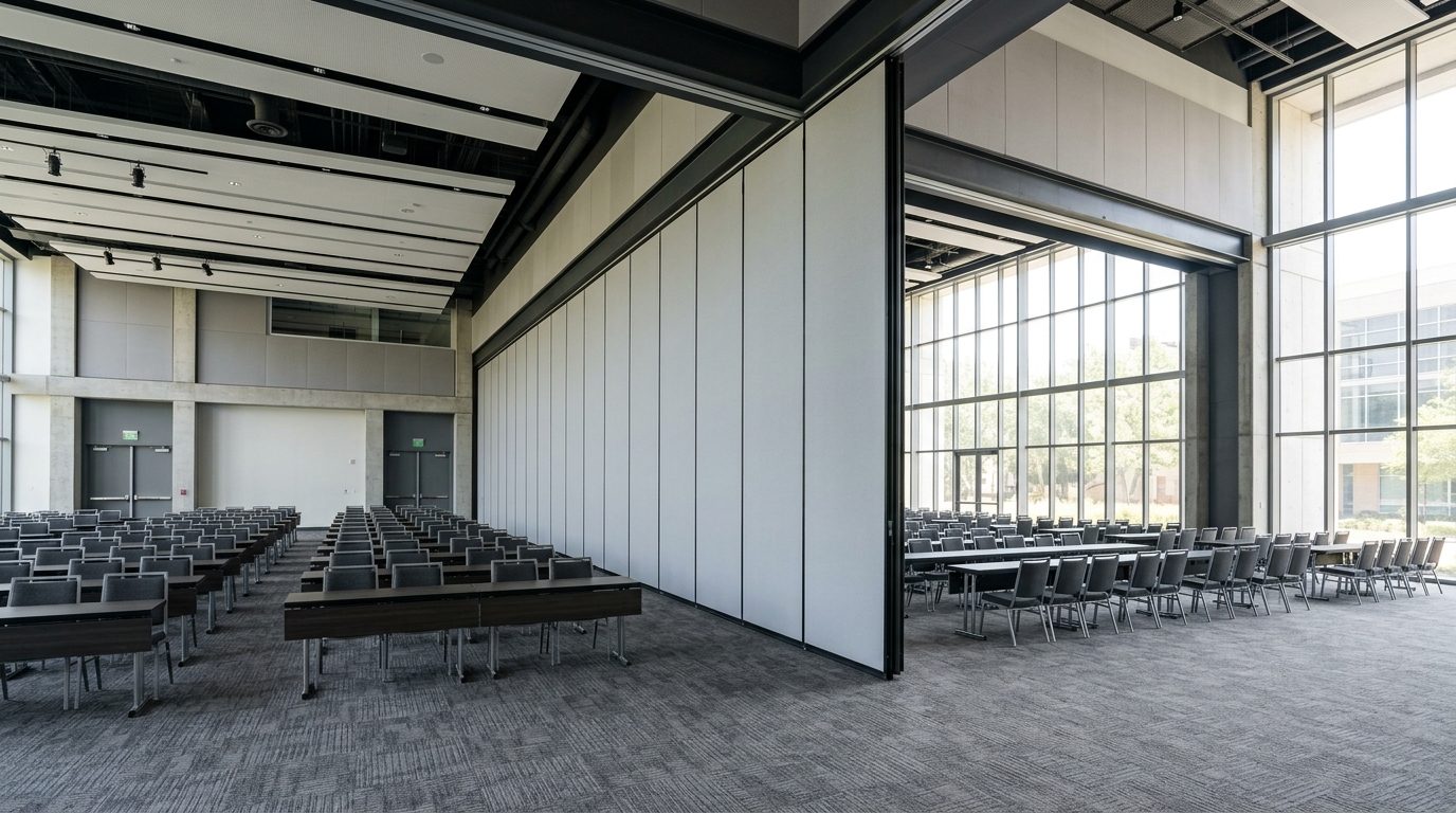 Mobile Trennwand im geschlossenen Zustand teilt einen Konferenzsaal in zwei Bereiche