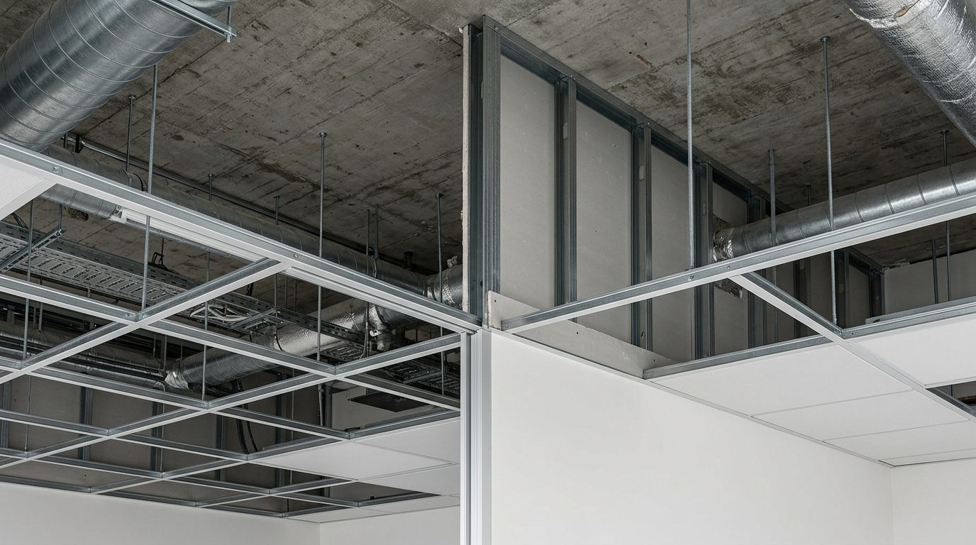 Trennwand, die oberhalb der abgehängten Decke bis zur Rohdecke weitergeführt ist