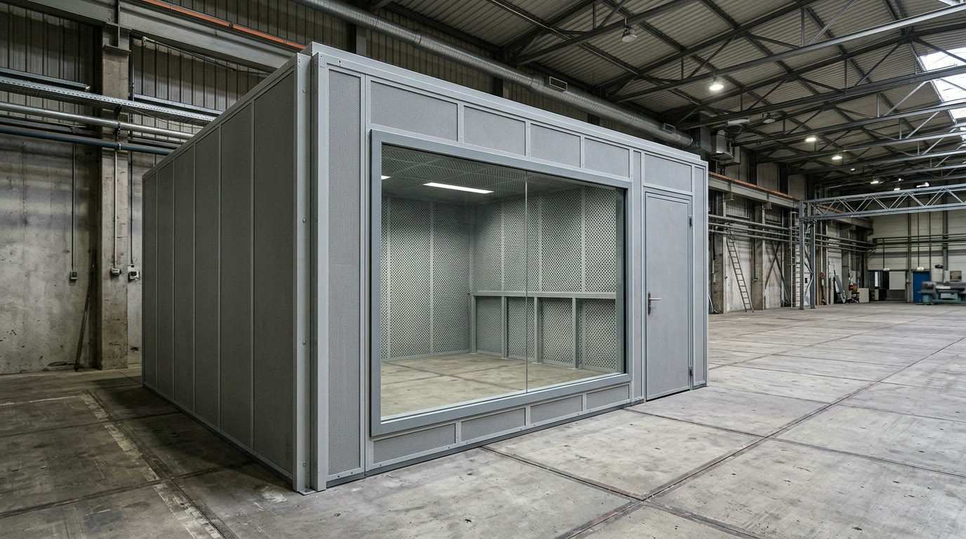 Schallgedämmte Maschineneinhausung aus Systemwandelementen mit perforierten Absorberflächen und Sichtfenster