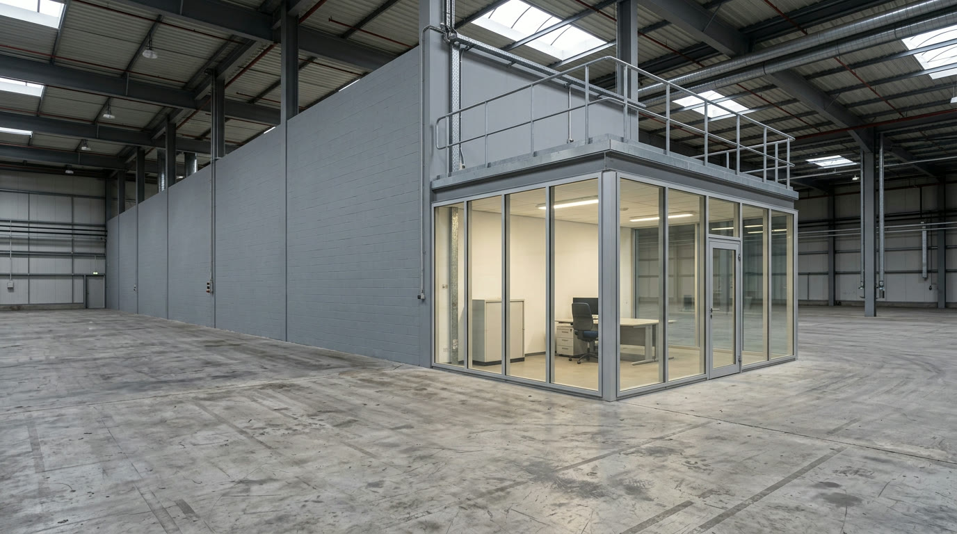 Verglastes Meisterbüro als Raum-in-Raum-System an einer Werkstatttrennwand