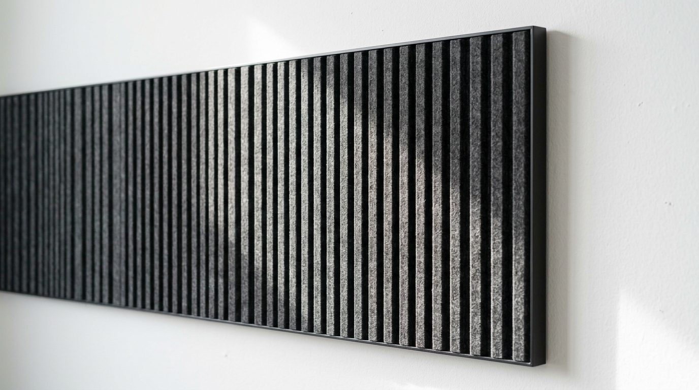 Detailaufnahme eines Wandabsorbers aus gepresstem PET-Filz mit vertikaler Rippenstruktur