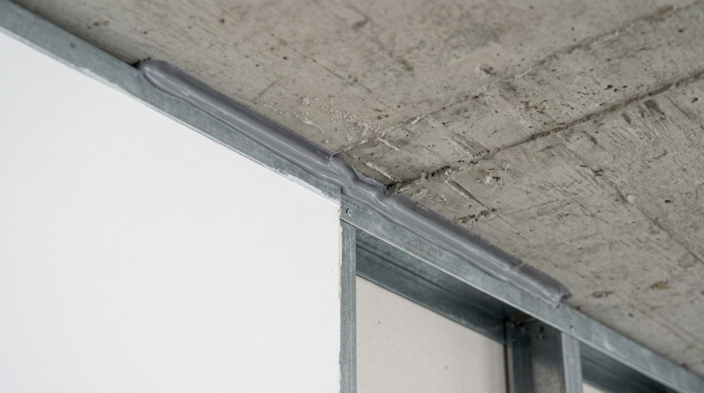 Deckenanschluss einer Wand F90 mit umlaufender Fuge und Brandschutzabdichtung