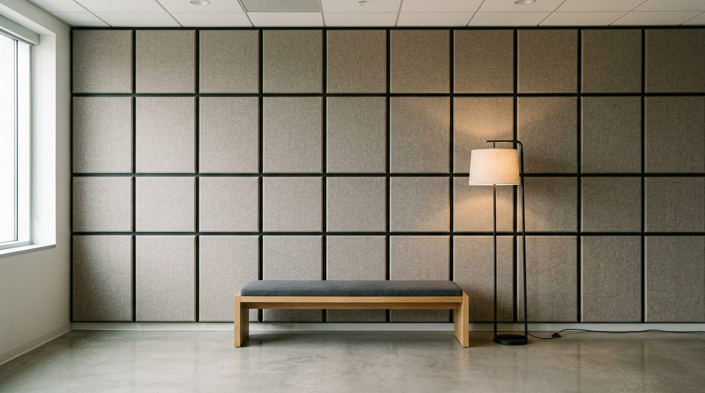 Textilbespannte Wandabsorber in regelmäßigem Raster mit sichtbaren Schattenfugen